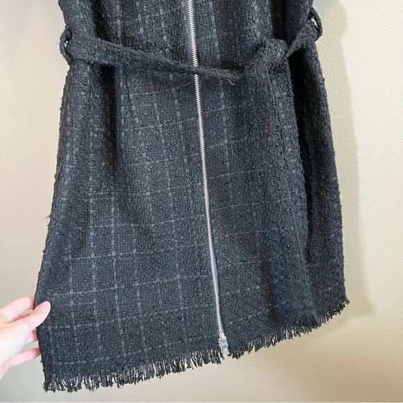 ✨ Bardot Boucle Tweed Zip Front Frayed Hem Dress Medium 8 Black - Picture 6 of 11